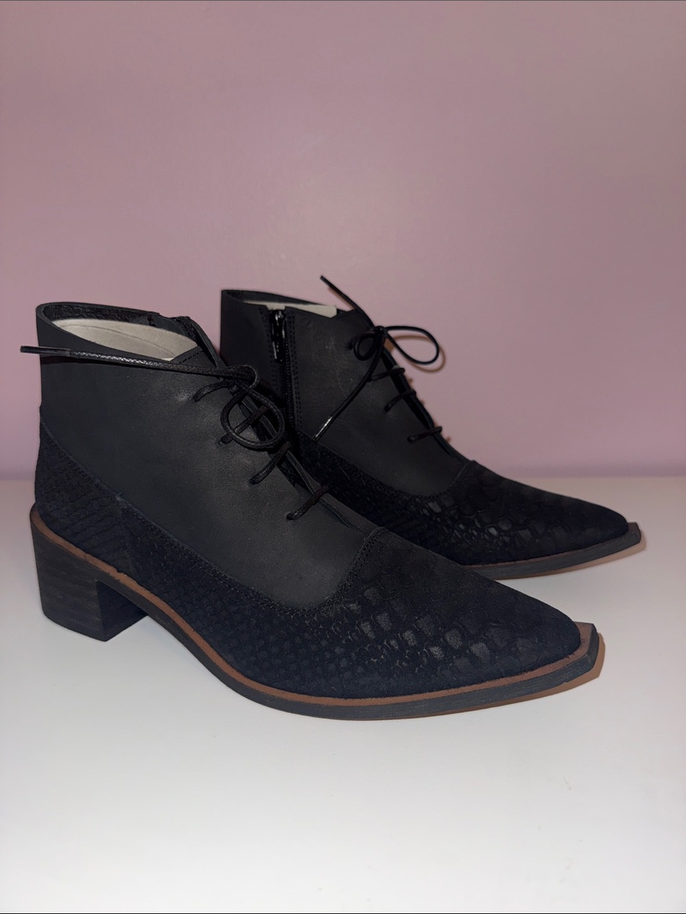 Free People Jade Black Lace-Up Pointed Ankle Boots with Low Block Heel